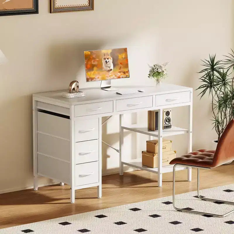 Escritorio para computadora JIONJOY con 6 cajones de tela y estante central ajustable, escritorio de almacenamiento para oficina en casa, juegos y tocador