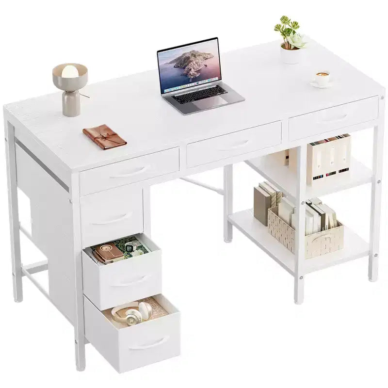 Escritorio para computadora JIONJOY con 6 cajones de tela y estante central ajustable, escritorio de almacenamiento para oficina en casa, juegos y tocador