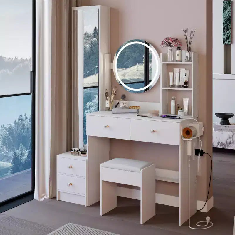 17-Inch Luxury Vanity Desk Set with Full-Body Mirror Cabinet and Lights, Cabinet Storage, Built-In Power Hub, Hair Dryer Stand, and Stool