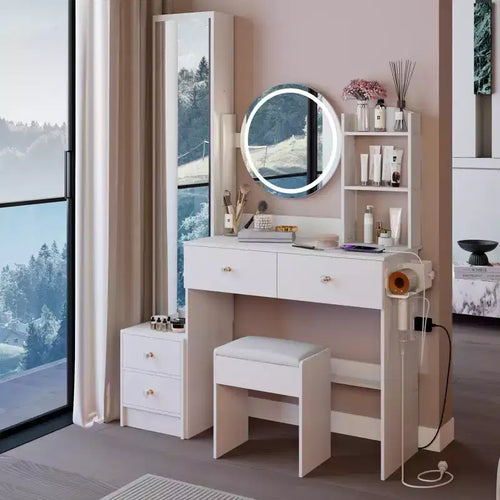 17-Inch Luxury Vanity Desk Set with Full-Body Mirror Cabinet and Lights, Cabinet Storage, Built-In Power Hub, Hair Dryer Stand, and Stool