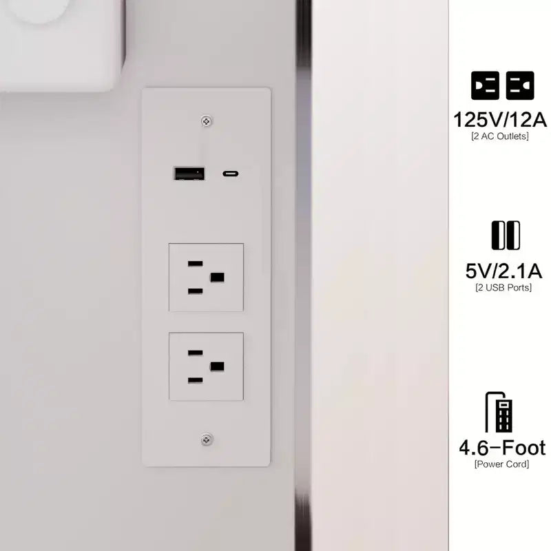 Tocador de lujo de 17 pulgadas con espejo de cuerpo entero con gabinete e iluminación, almacenamiento en gabinete, centro de energía incorporado, soporte para secador de pelo y taburete