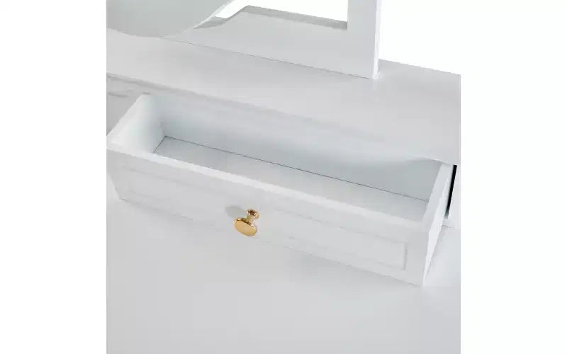 Tocador de maquillaje de lujo con espejo reversible, 5 cajones, taburete a juego para espacios pequeños, acabado blanco, diseño que ahorra espacio
