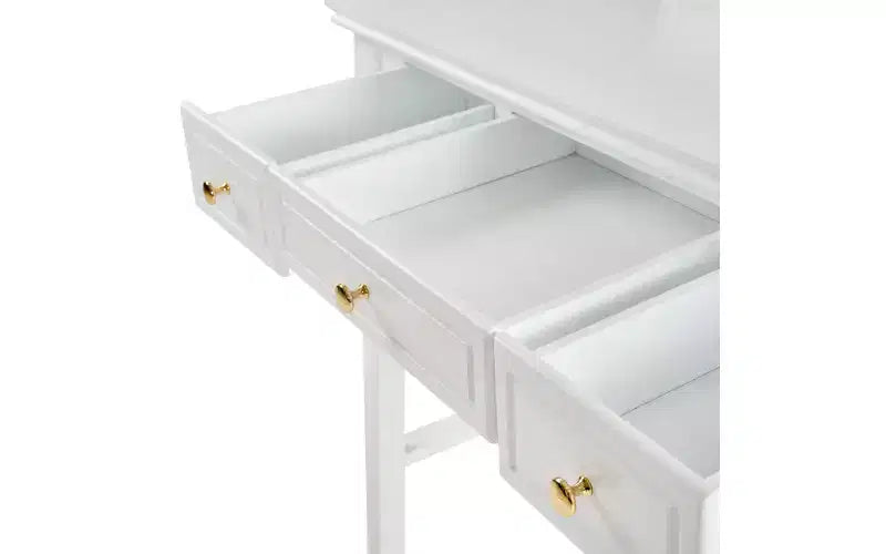 Tocador de maquillaje de lujo con espejo reversible, 5 cajones, taburete a juego para espacios pequeños, acabado blanco, diseño que ahorra espacio