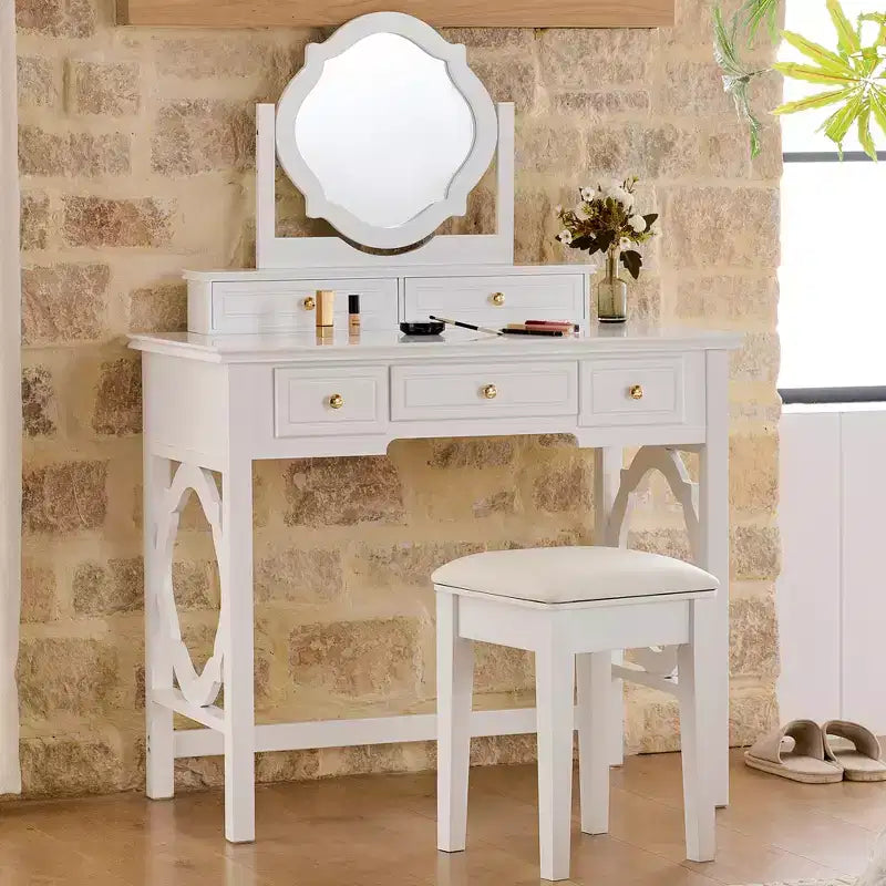 Tocador de maquillaje de lujo con espejo reversible, 5 cajones, taburete a juego para espacios pequeños, acabado blanco, diseño que ahorra espacio