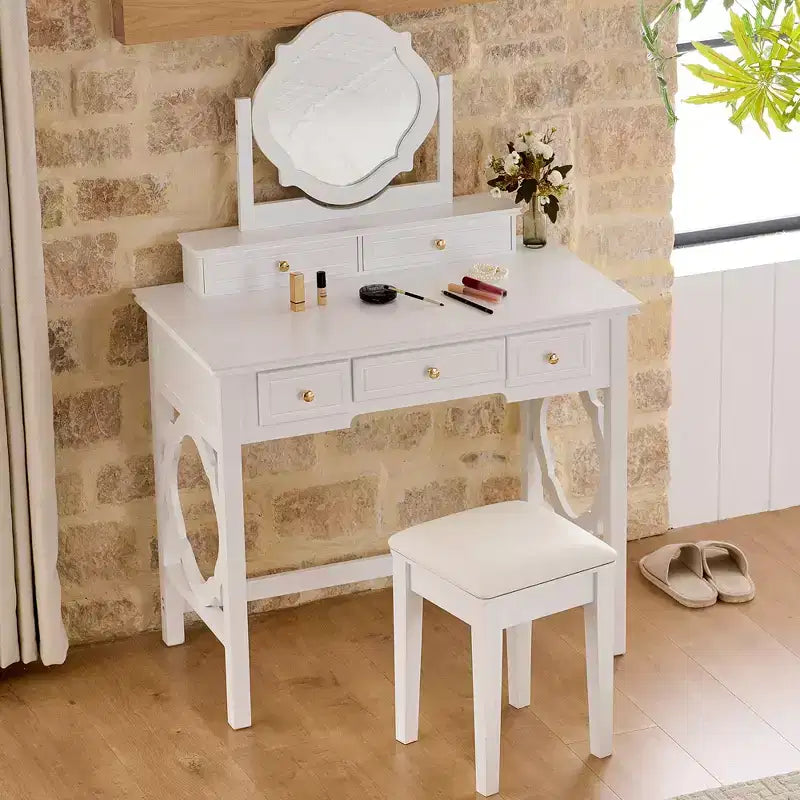 Tocador de maquillaje de lujo con espejo reversible, 5 cajones, taburete a juego para espacios pequeños, acabado blanco, diseño que ahorra espacio