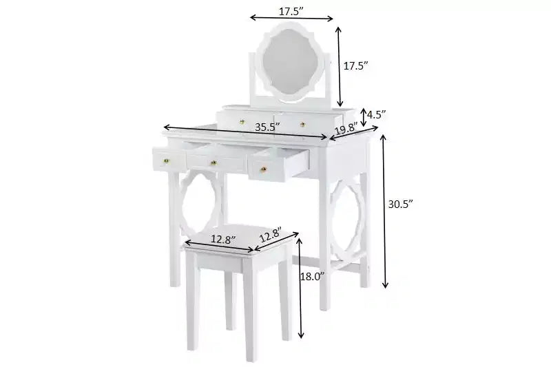 Tocador de maquillaje de lujo con espejo reversible, 5 cajones, taburete a juego para espacios pequeños, acabado blanco, diseño que ahorra espacio