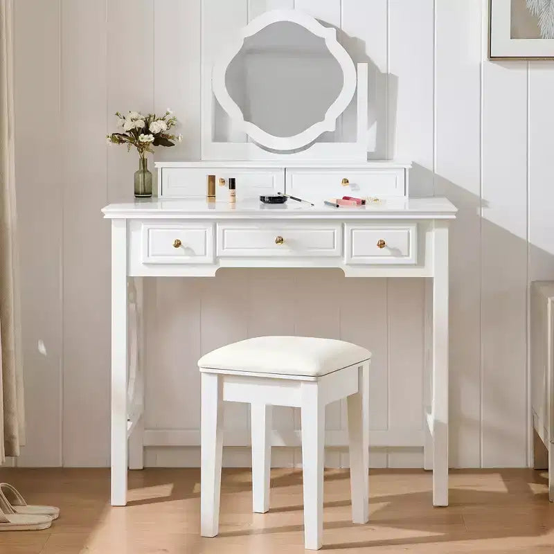 Tocador de maquillaje de lujo con espejo reversible, 5 cajones, taburete a juego para espacios pequeños, acabado blanco, diseño que ahorra espacio