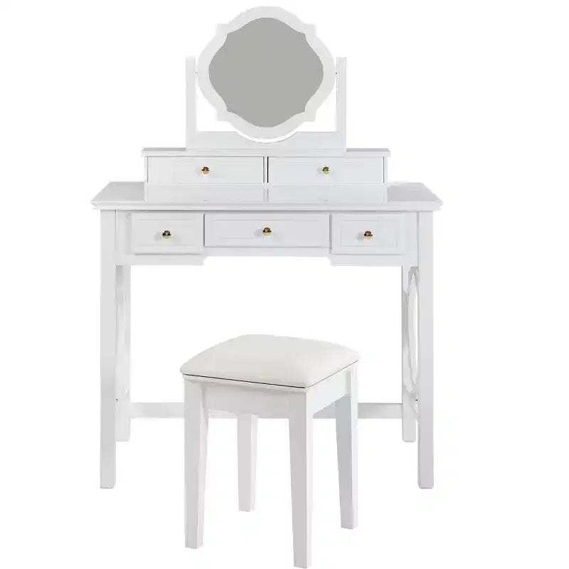 Tocador de maquillaje de lujo con espejo reversible, 5 cajones, taburete a juego para espacios pequeños, acabado blanco, diseño que ahorra espacio