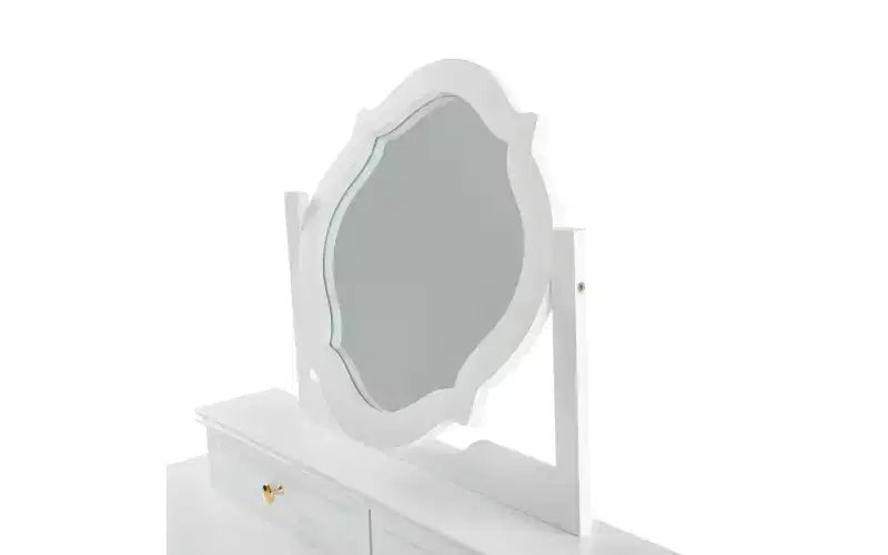 Tocador de maquillaje de lujo con espejo reversible, 5 cajones, taburete a juego para espacios pequeños, acabado blanco, diseño que ahorra espacio