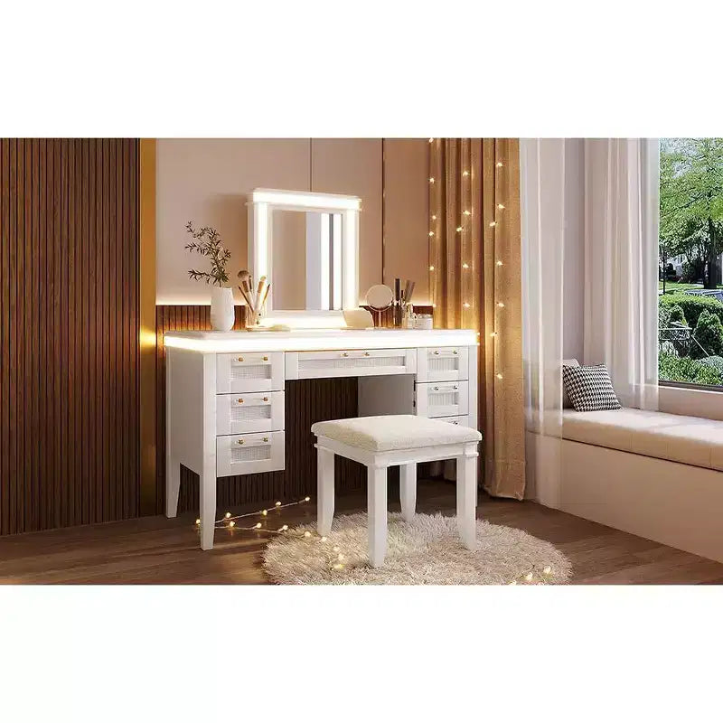 Tocador de Maquillaje Moderno de 48 Pulgadas con Espejo Iluminado, 7 Cajones, Taburete a Juego para Dormitorio, Acabado Beige Claro