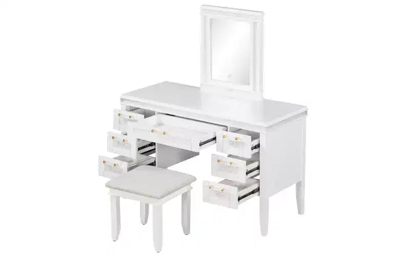 Tocador de Maquillaje Moderno de 48 Pulgadas con Espejo Iluminado, 7 Cajones, Taburete a Juego para Dormitorio, Acabado Beige Claro