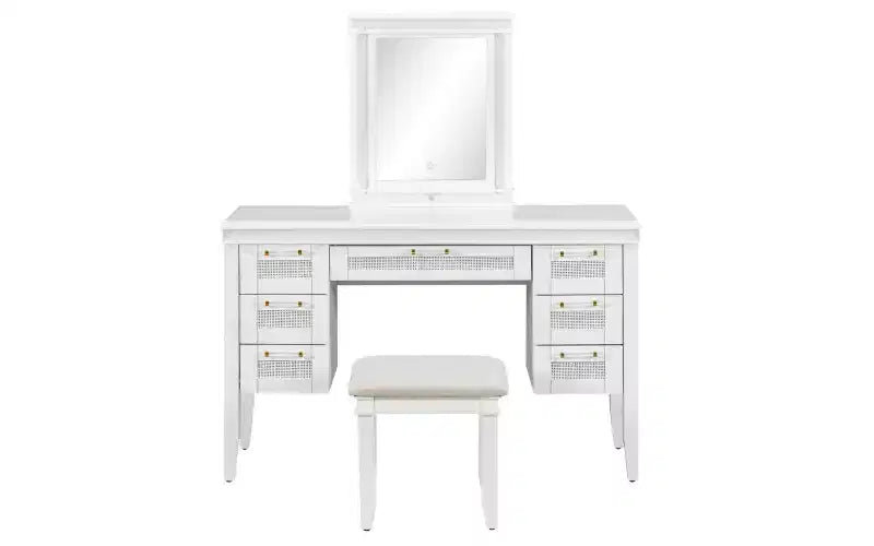 Tocador de Maquillaje Moderno de 48 Pulgadas con Espejo Iluminado, 7 Cajones, Taburete a Juego para Dormitorio, Acabado Beige Claro
