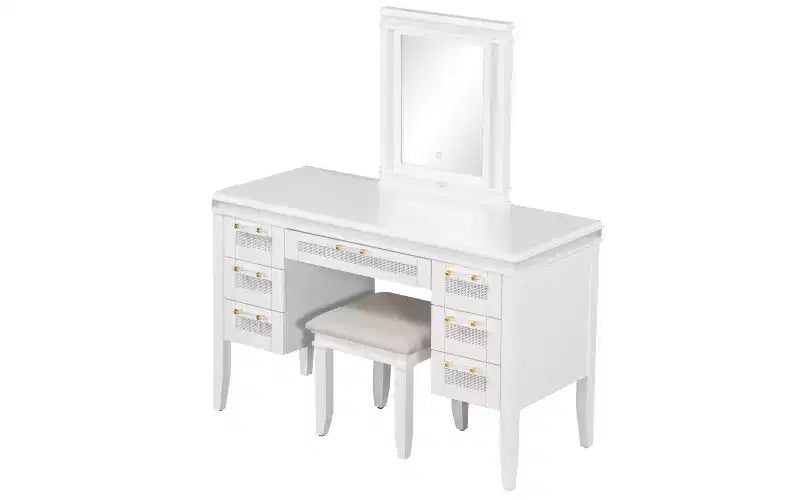 Tocador de Maquillaje Moderno de 48 Pulgadas con Espejo Iluminado, 7 Cajones, Taburete a Juego para Dormitorio, Acabado Beige Claro