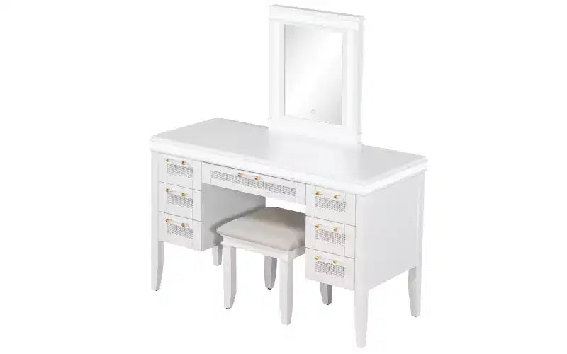 Tocador de Maquillaje Moderno de 48 Pulgadas con Espejo Iluminado, 7 Cajones, Taburete a Juego para Dormitorio, Acabado Beige Claro