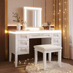 Tocador de Maquillaje Moderno de 48 Pulgadas con Espejo Iluminado, 7 Cajones, Taburete a Juego para Dormitorio, Acabado Beige Claro