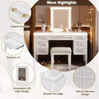 Tocador de Maquillaje Moderno de 48 Pulgadas con Espejo Iluminado, 7 Cajones, Taburete a Juego para Dormitorio, Acabado Beige Claro