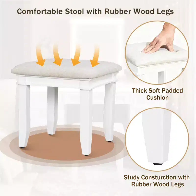Tocador de Maquillaje Moderno de 48 Pulgadas con Espejo Iluminado, 7 Cajones, Taburete a Juego para Dormitorio, Acabado Beige Claro