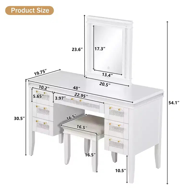 Tocador de Maquillaje Moderno de 48 Pulgadas con Espejo Iluminado, 7 Cajones, Taburete a Juego para Dormitorio, Acabado Beige Claro