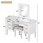 Tocador de Maquillaje Moderno de 48 Pulgadas con Espejo Iluminado, 7 Cajones, Taburete a Juego para Dormitorio, Acabado Beige Claro
