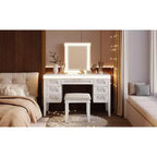 Tocador de Maquillaje Moderno de 48 Pulgadas con Espejo Iluminado, 7 Cajones, Taburete a Juego para Dormitorio, Acabado Beige Claro