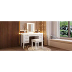 Tocador de Maquillaje Moderno de 48 Pulgadas con Espejo Iluminado, 7 Cajones, Taburete a Juego para Dormitorio, Acabado Beige Claro
