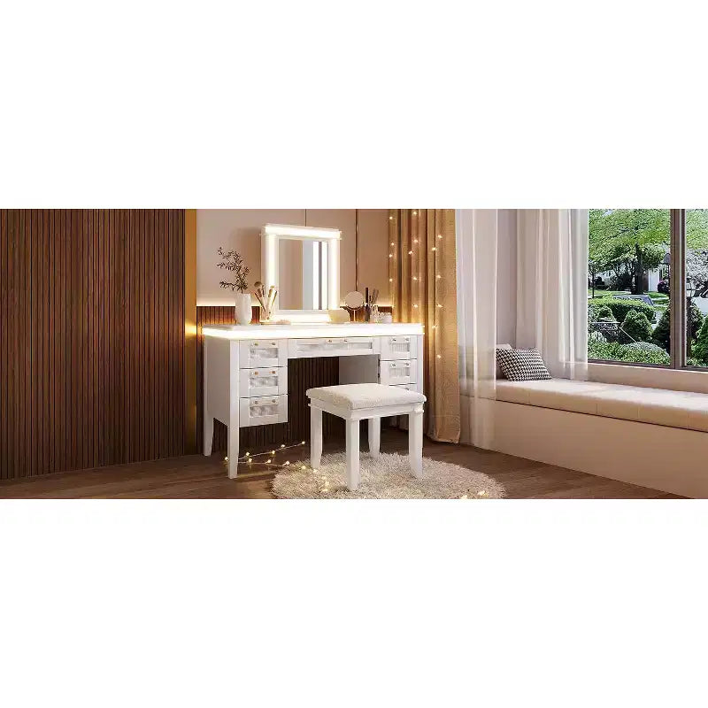 Tocador de Maquillaje Moderno de 48 Pulgadas con Espejo Iluminado, 7 Cajones, Taburete a Juego para Dormitorio, Acabado Beige Claro