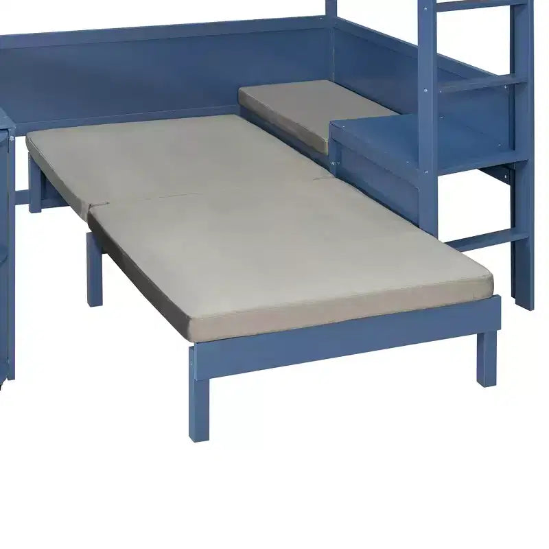 Cama alta de madera de tamaño completo con escritorio, estante de almacenamiento, sofá convertible, luz LED, marco de cama que ahorra espacio - ModernLuxe