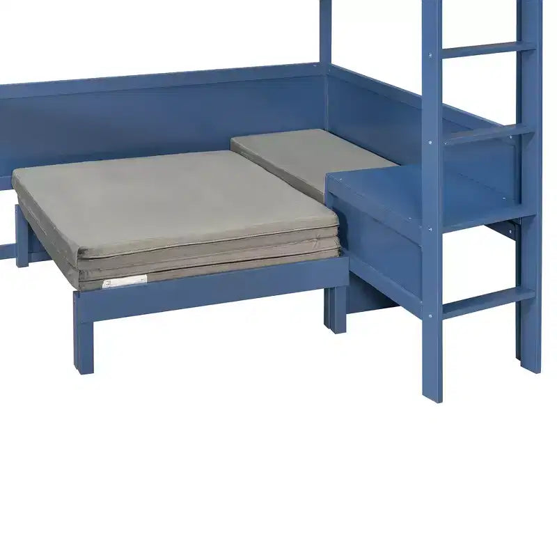 Cama alta de madera de tamaño completo con escritorio, estante de almacenamiento, sofá convertible, luz LED, marco de cama que ahorra espacio - ModernLuxe
