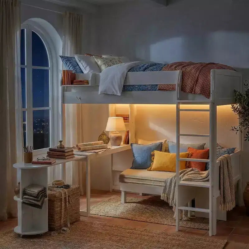 Cama alta de madera de tamaño completo con escritorio, estante de almacenamiento, sofá convertible, luz LED, marco de cama que ahorra espacio - ModernLuxe