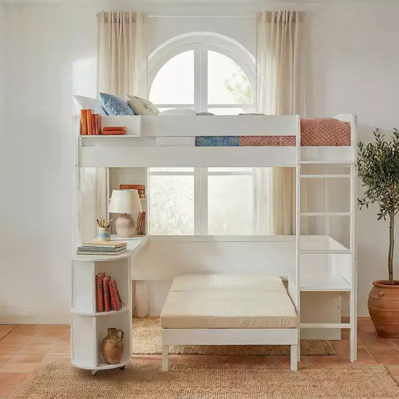 Cama alta de madera de tamaño completo con escritorio, estante de almacenamiento, sofá convertible, luz LED, marco de cama que ahorra espacio - ModernLuxe