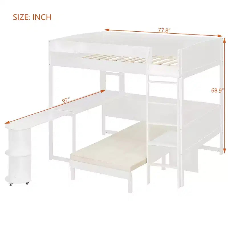 Cama alta de madera de tamaño completo con escritorio, estante de almacenamiento, sofá convertible, luz LED, marco de cama que ahorra espacio - ModernLuxe