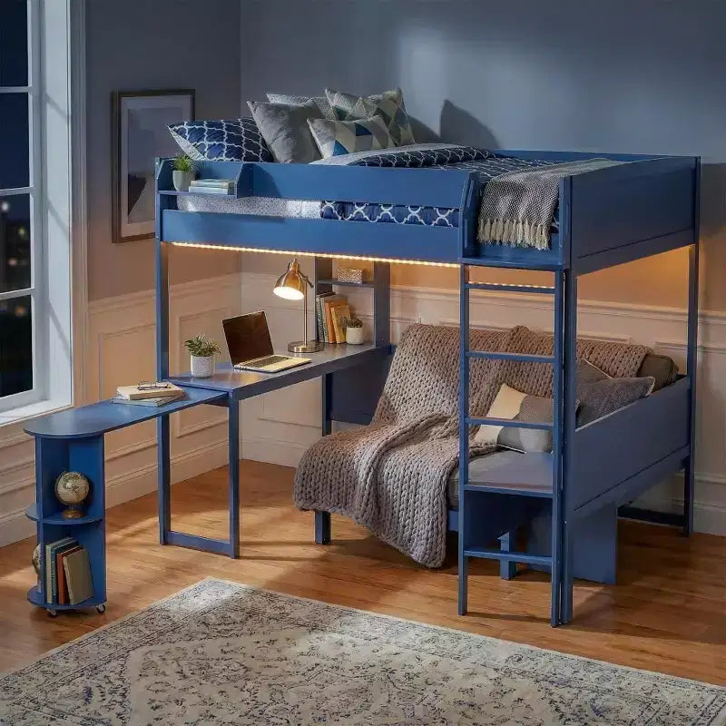 Cama alta de madera de tamaño completo con escritorio, estante de almacenamiento, sofá convertible, luz LED, marco de cama que ahorra espacio - ModernLuxe