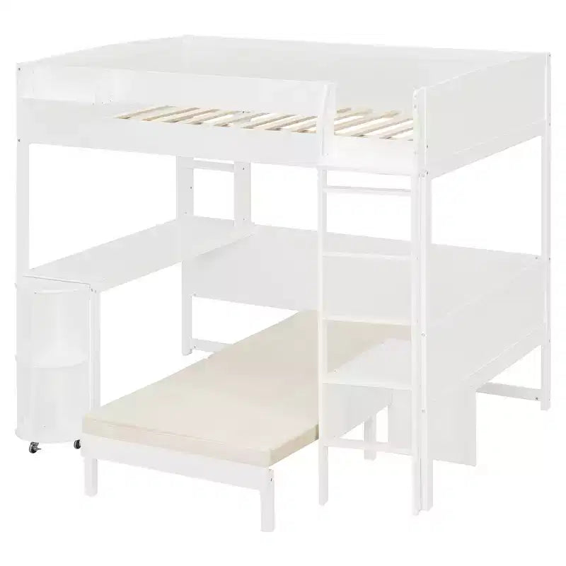 Cama alta de madera de tamaño completo con escritorio, estante de almacenamiento, sofá convertible, luz LED, marco de cama que ahorra espacio - ModernLuxe