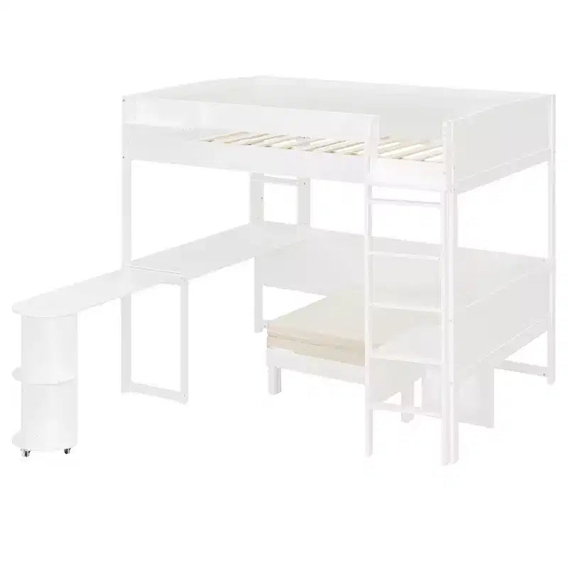 Cama alta de madera de tamaño completo con escritorio, estante de almacenamiento, sofá convertible, luz LED, marco de cama que ahorra espacio - ModernLuxe