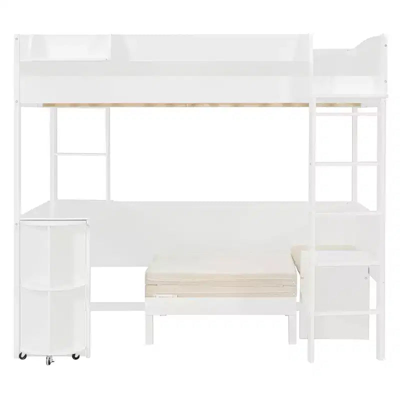 Cama alta de madera de tamaño completo con escritorio, estante de almacenamiento, sofá convertible, luz LED, marco de cama que ahorra espacio - ModernLuxe