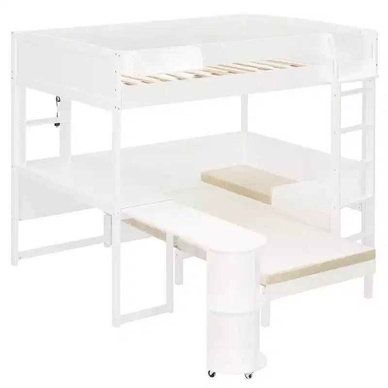 Cama alta de madera de tamaño completo con escritorio, estante de almacenamiento, sofá convertible, luz LED, marco de cama que ahorra espacio - ModernLuxe