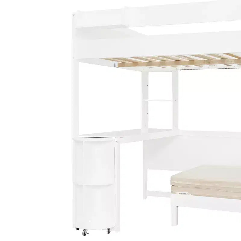 Cama alta de madera de tamaño completo con escritorio, estante de almacenamiento, sofá convertible, luz LED, marco de cama que ahorra espacio - ModernLuxe