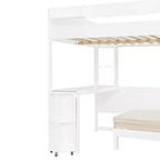 Cama alta de madera de tamaño completo con escritorio, estante de almacenamiento, sofá convertible, luz LED, marco de cama que ahorra espacio - ModernLuxe