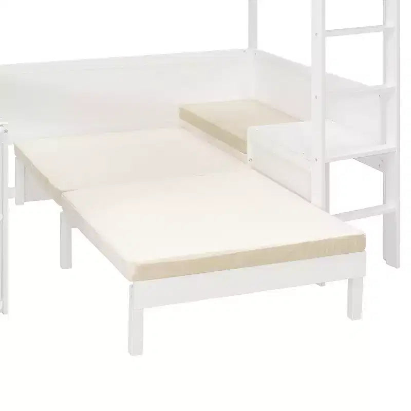 Cama alta de madera de tamaño completo con escritorio, estante de almacenamiento, sofá convertible, luz LED, marco de cama que ahorra espacio - ModernLuxe