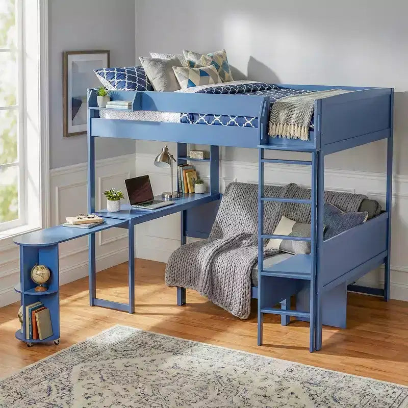Cama alta de madera de tamaño completo con escritorio, estante de almacenamiento, sofá convertible, luz LED, marco de cama que ahorra espacio - ModernLuxe