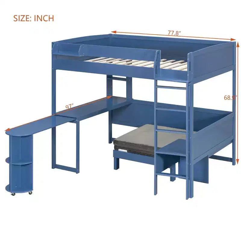 Cama alta de madera de tamaño completo con escritorio, estante de almacenamiento, sofá convertible, luz LED, marco de cama que ahorra espacio - ModernLuxe
