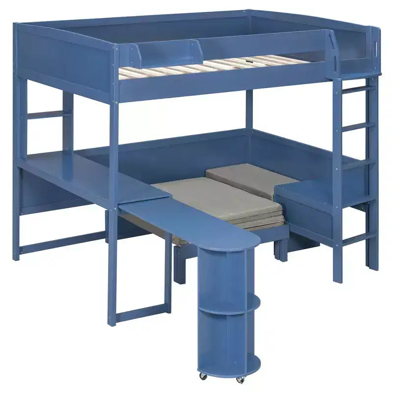 Cama alta de madera de tamaño completo con escritorio, estante de almacenamiento, sofá convertible, luz LED, marco de cama que ahorra espacio - ModernLuxe