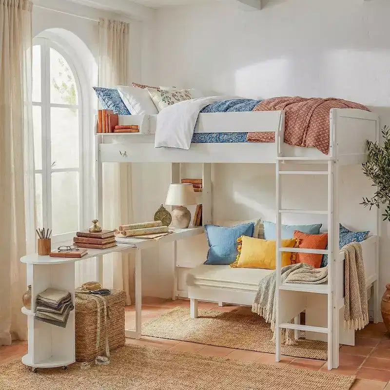 Cama alta de madera de tamaño completo con escritorio, estante de almacenamiento, sofá convertible, luz LED, marco de cama que ahorra espacio - ModernLuxe