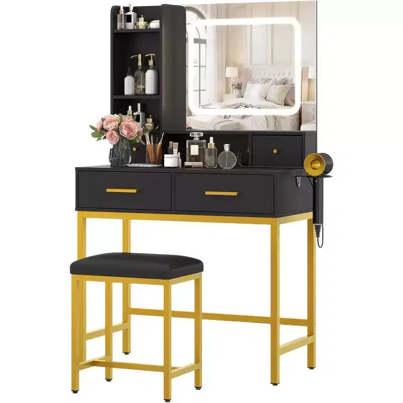 Tocador de Maquillaje con Espejo LED, 3 Modos de Iluminación, Toma de Corriente, 4 Cajones, Estantes de Almacenamiento y Silla para Dormitorio o Sala de Estar, Negro