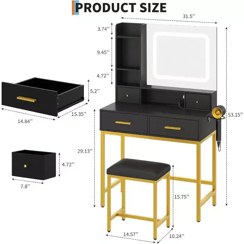 Tocador de Maquillaje con Espejo LED, 3 Modos de Iluminación, Toma de Corriente, 4 Cajones, Estantes de Almacenamiento y Silla para Dormitorio o Sala de Estar, Negro