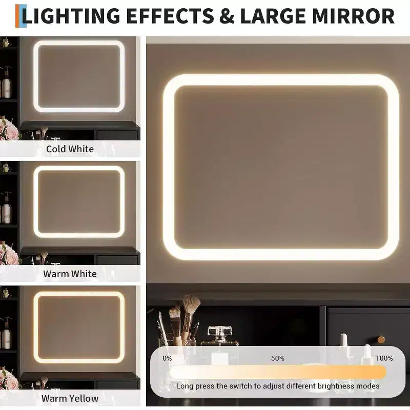 Tocador de Maquillaje con Espejo LED, 3 Modos de Iluminación, Toma de Corriente, 4 Cajones, Estantes de Almacenamiento y Silla para Dormitorio o Sala de Estar, Negro