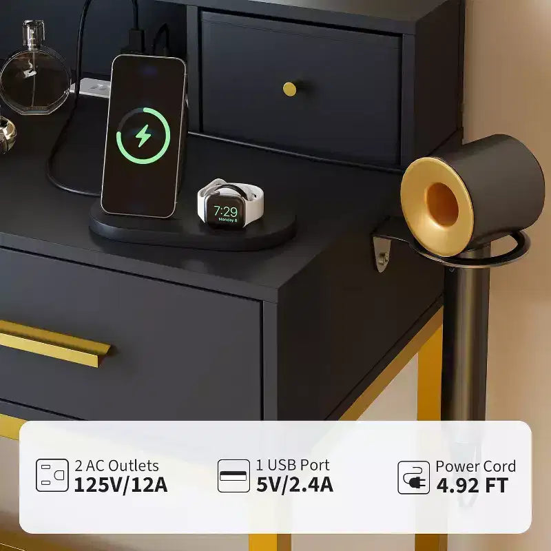 Tocador de Maquillaje con Espejo LED, 3 Modos de Iluminación, Toma de Corriente, 4 Cajones, Estantes de Almacenamiento y Silla para Dormitorio o Sala de Estar, Negro