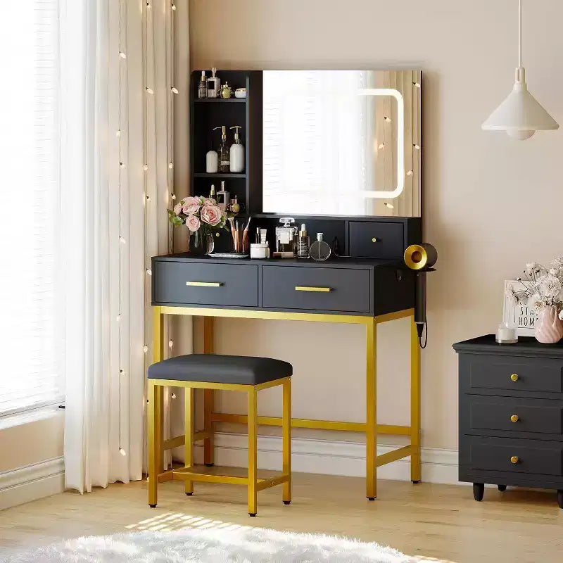 Tocador de Maquillaje con Espejo LED, 3 Modos de Iluminación, Toma de Corriente, 4 Cajones, Estantes de Almacenamiento y Silla para Dormitorio o Sala de Estar, Negro