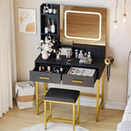 Tocador de Maquillaje con Espejo LED, 3 Modos de Iluminación, Toma de Corriente, 4 Cajones, Estantes de Almacenamiento y Silla para Dormitorio o Sala de Estar, Negro