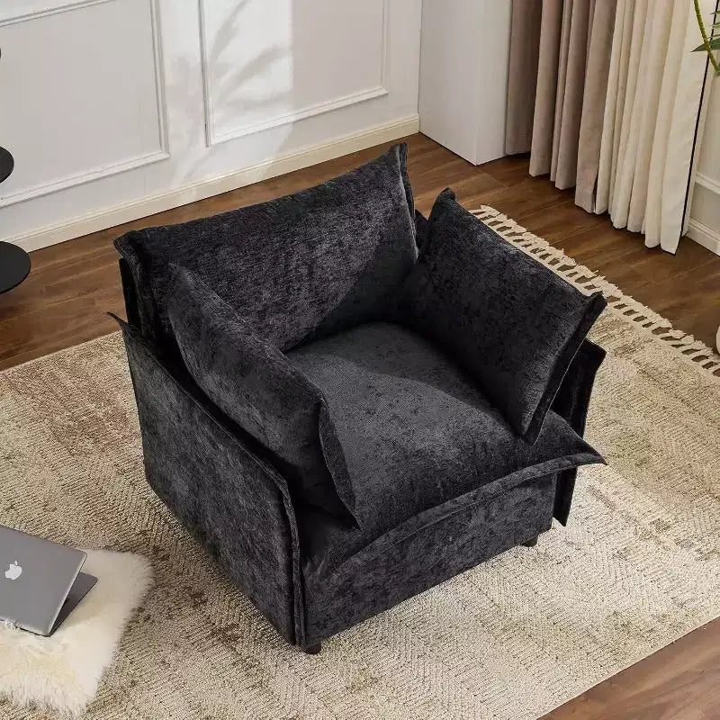 VINGLI Sillón negro decorativo, 34 pulgadas de ancho, silla de lectura de gran tamaño, sillón tapizado, tela suave de chenilla, sillones para sala de estar, sofá para adultos, dormitorio